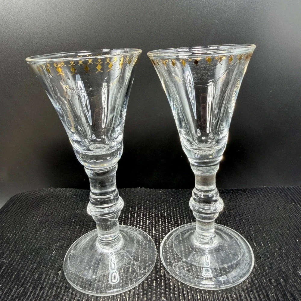 West Elm Gold‎ Cordial Glasses Set of 2 Clear Glass Stemmed Barware Cups Glasses